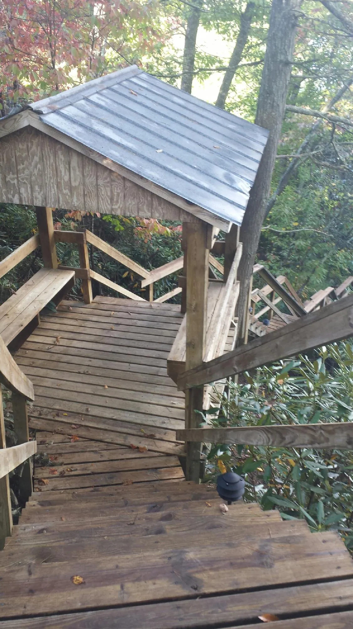 Metal roofed shelter over wooden steps on a wooded walkway — Skylight Repair & Installation work by our crew in Greer
